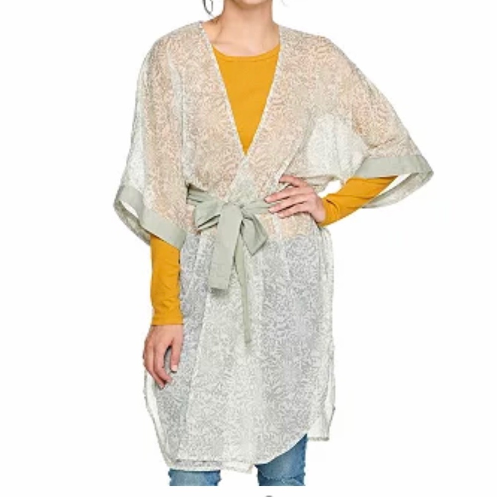 Olive green and white flower kimono wrap